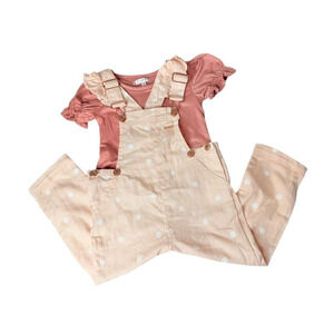Tahari Girl 2T - Denim 2 PC Brand New Overalls Pink Polka Dot Ruffle Sleeve
